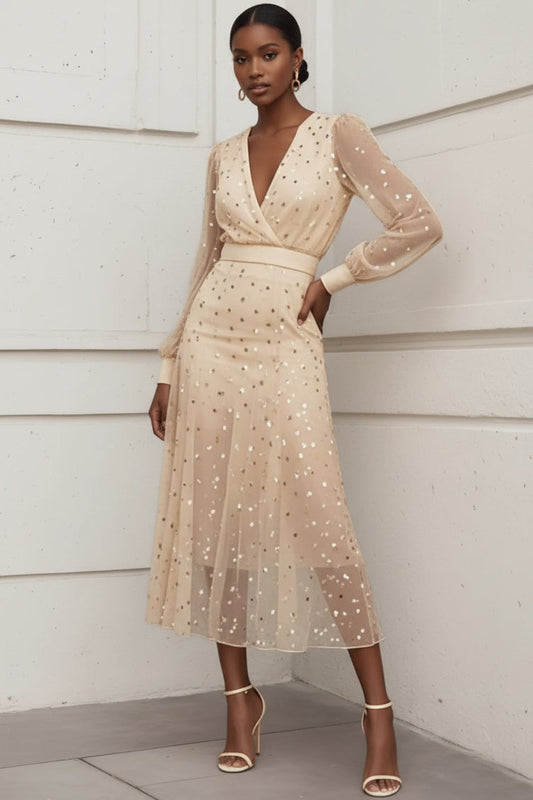 V-Neck Long-Sleeves Tea-Length Fully Sequined Tulle Pleated A-Line Mother of the Bride Dress