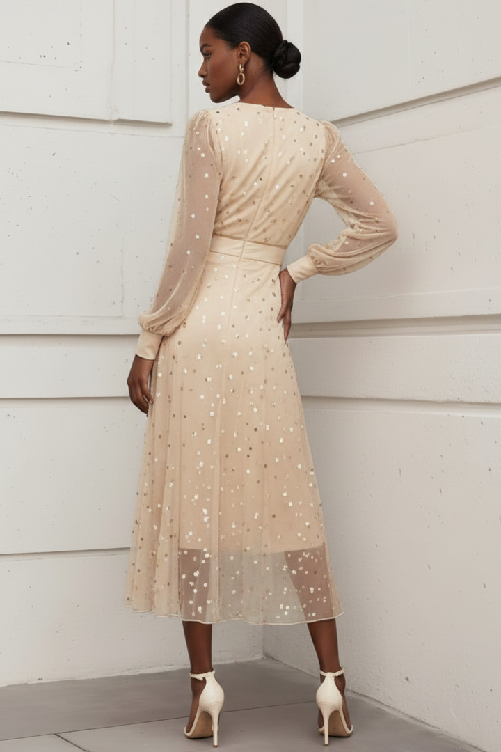 V-Neck Long-Sleeves Tea-Length Fully Sequined Tulle Pleated A-Line Mother of the Bride Dress
