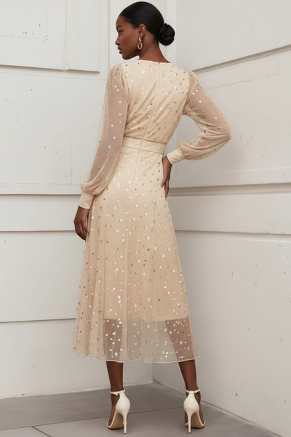 V-Neck Long-Sleeves Tea-Length Fully Sequined Tulle Pleated A-Line Mother of the Bride Dress