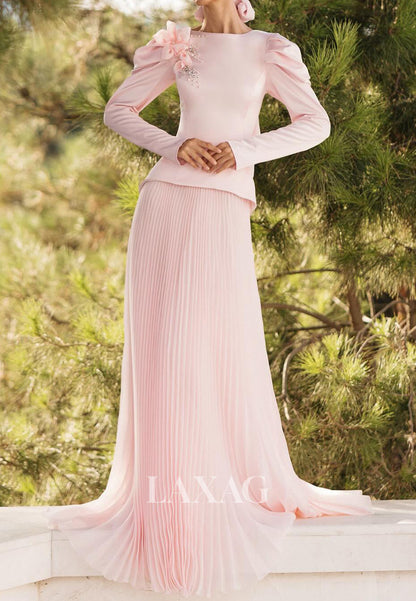 Scoop-Neck Long-Sleeves Mermaid Evening Dress Floral Embellished Rhinestone Chiffon Formal Gowns