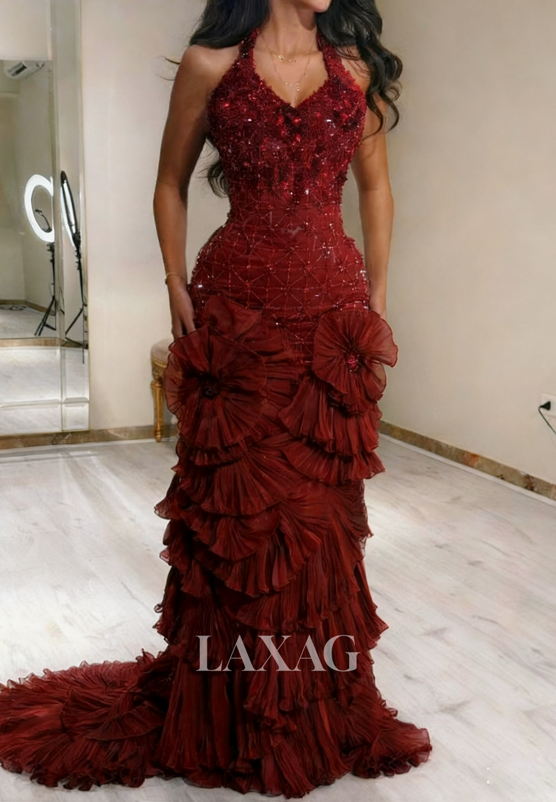 Halter V-Neck Rhinestone Sequined Mermaid Prom Dress Sleeveless Floral Embellished Tulle Party Gowns