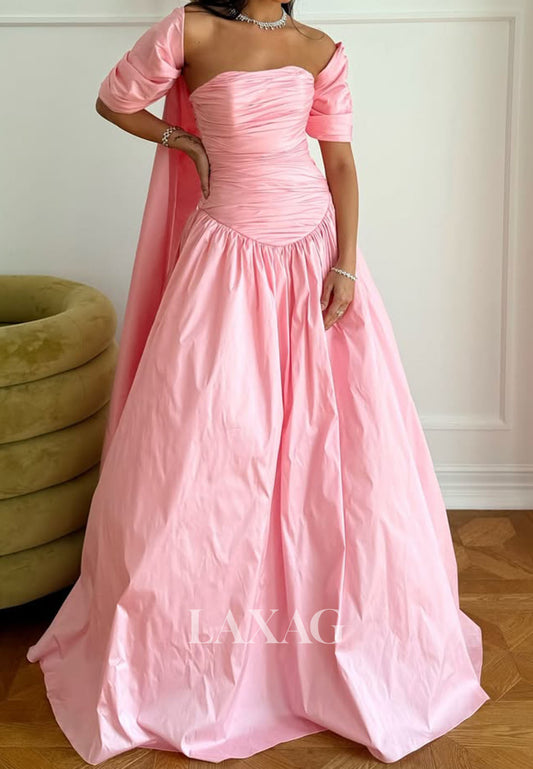 Tube Top Off-Shoulder Floor-Length A-Line Prom Dress Sleeveless Pleated Satin Party Gowns