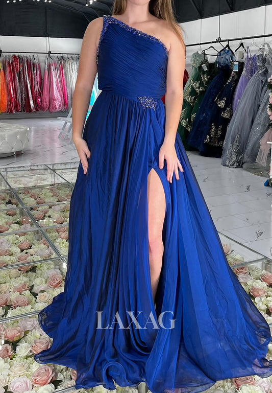 Asymmetrical-Neck Sleeveless Beaded Sequined Chiffon Pleated High-Slit A-Line Prom Dress