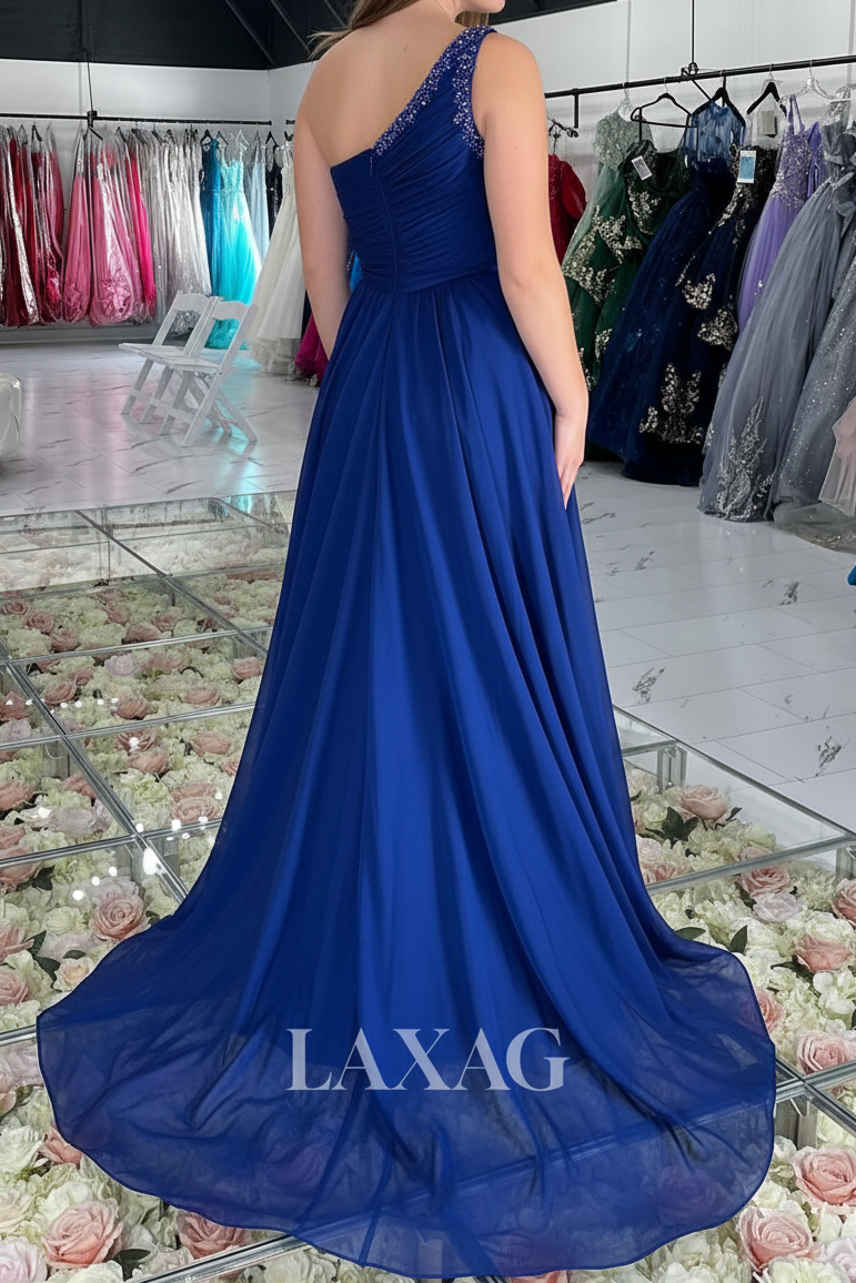 Asymmetrical-Neck Sleeveless Beaded Sequined Chiffon Pleated High-Slit A-Line Prom Dress