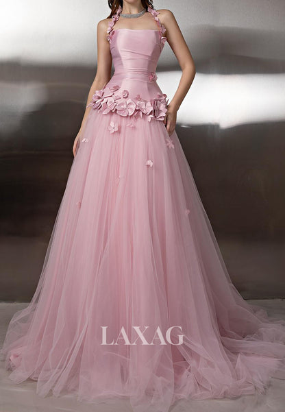 Halter Tube Top Off-Shoulder A-Line Prom Dress Sleeveless Floral Embellished Pleated Party Gowns