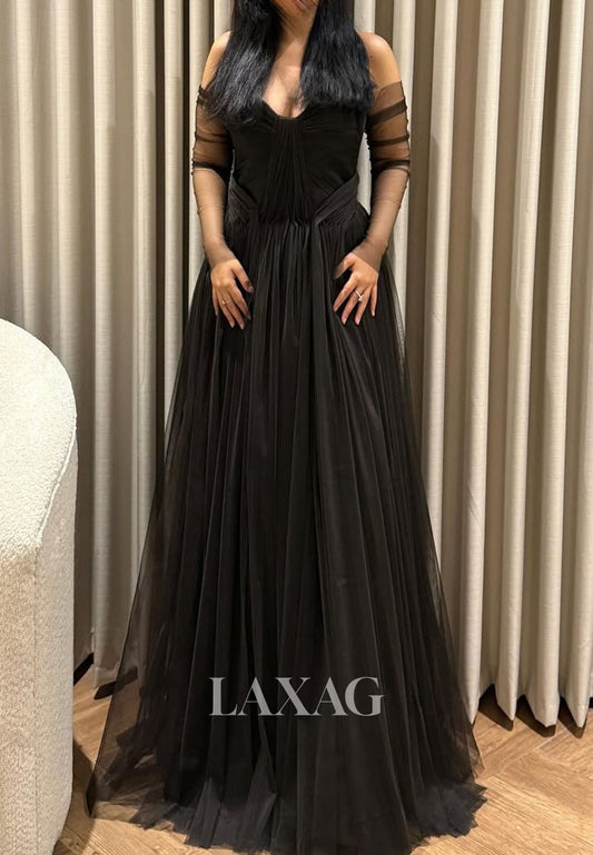 Sweetheart Off-Shoulder Long-Sleeves Floor-Length Sheer Pleated Tulle A-Line Evening Dress