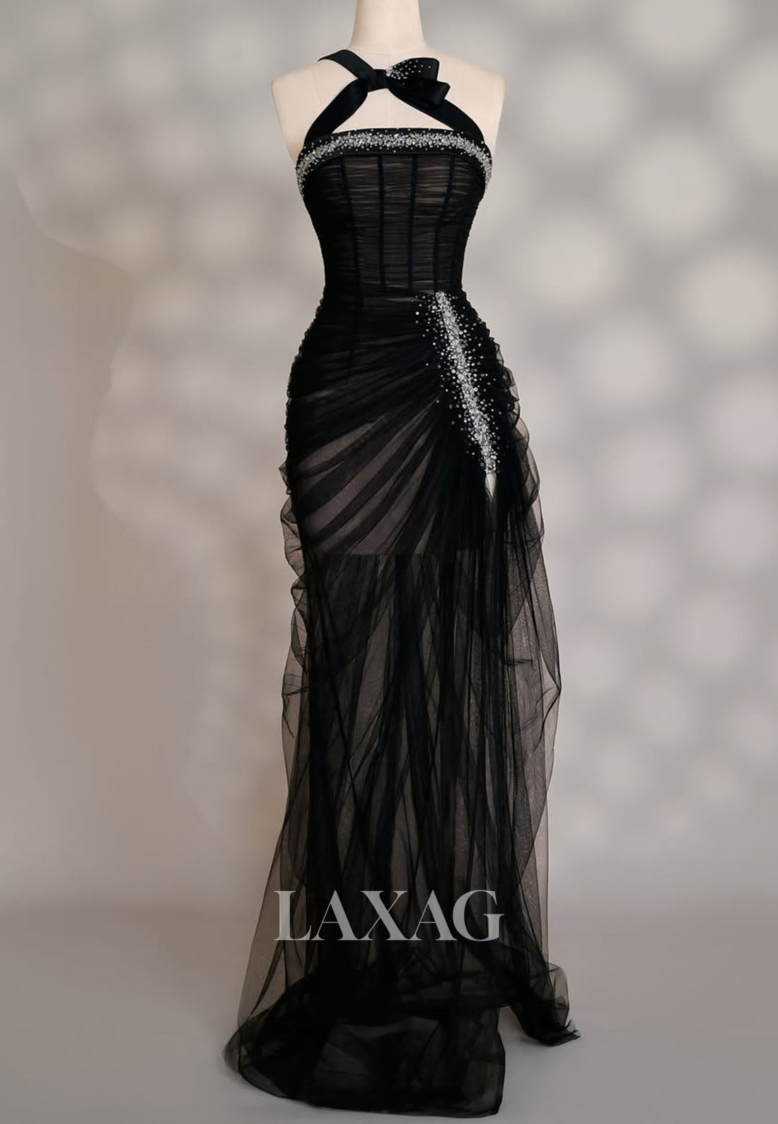 Tube Top One-Strtap Sleeveless Beaded Pleated Sheer Tulle Floor-Length Mermaid Prom Dress