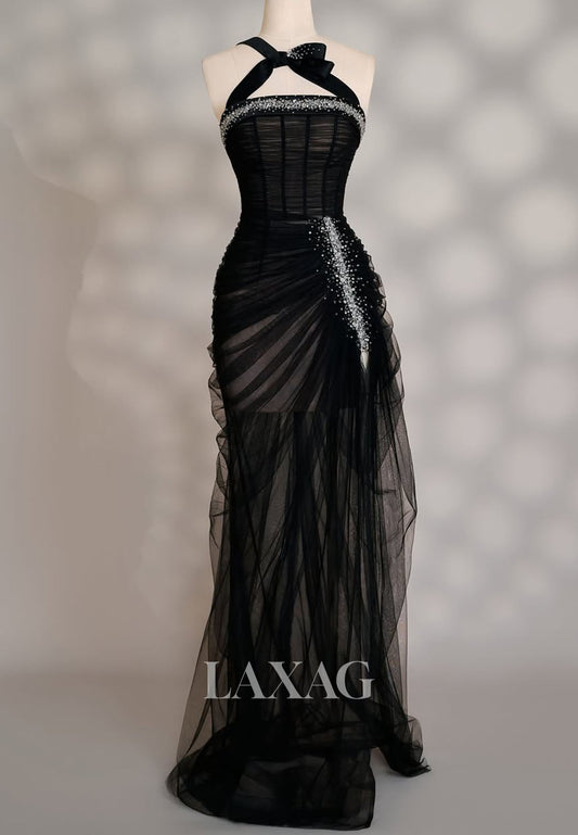 Tube Top One-Strtap Sleeveless Beaded Pleated Sheer Tulle Floor-Length Mermaid Prom Dress