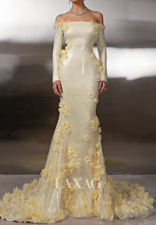 Bateau-Neck Long-Sleeves Meramid Prom Dress Fully Sequined Floral Embellished Evening Gowns