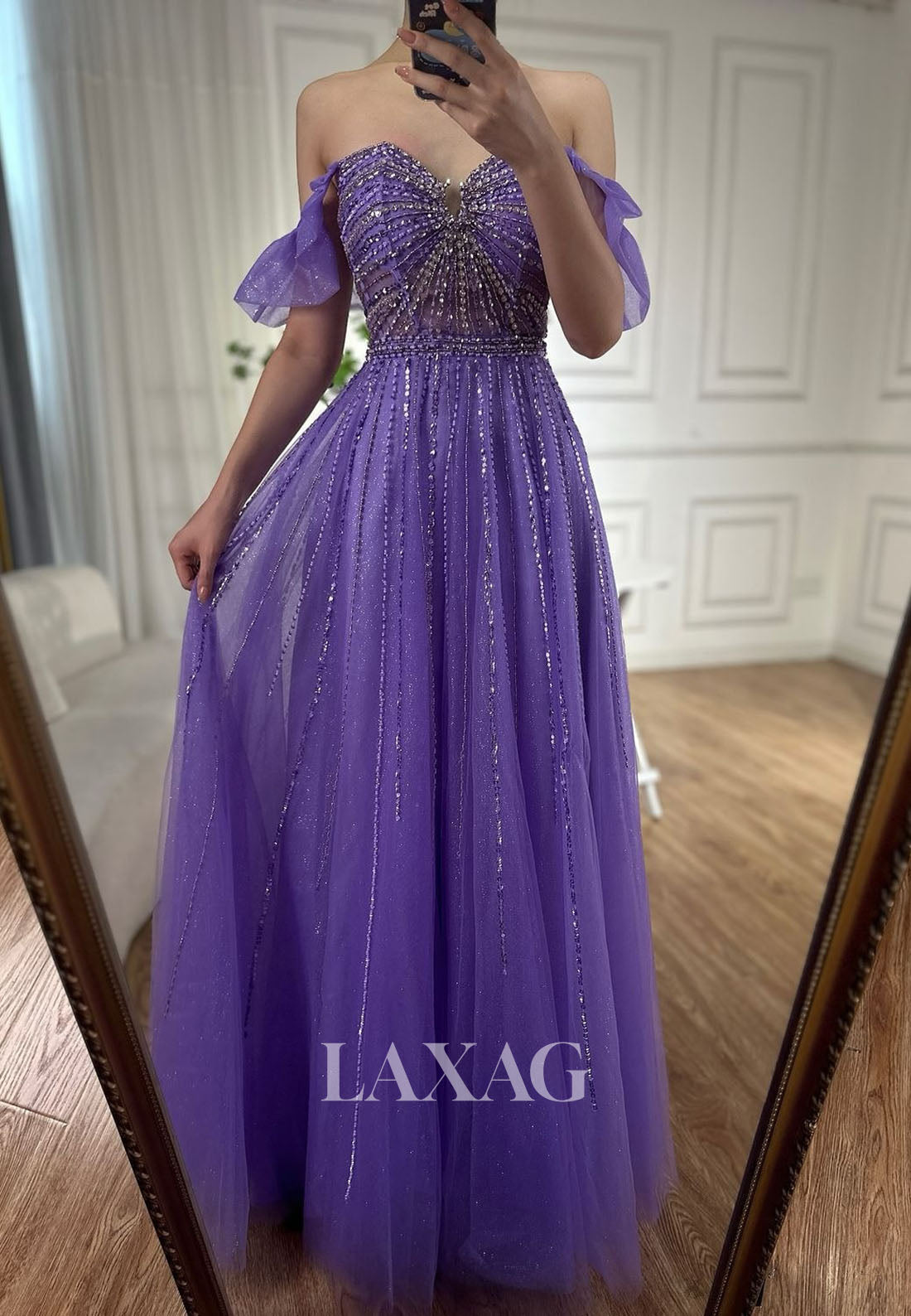 Sweetheart Sleeveless Sequined Beaded Pleated Tulle Floor-Length A-Line Party Prom Dress