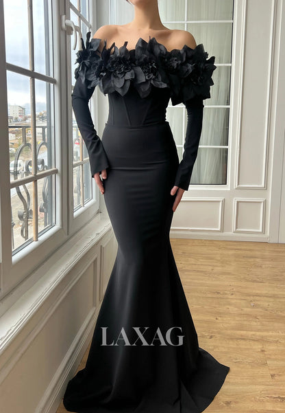 Off-Shoulder Floral Embellished Tube Top Mermaid Prom Dress Sleeveless Satin Evening Gowns