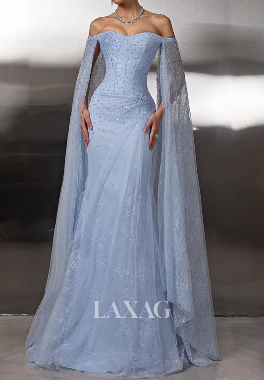 Sweetheart Off-Shoulder Beaded Party Gowns Sleeveless Pleated Lace Mermaid Prom Dress