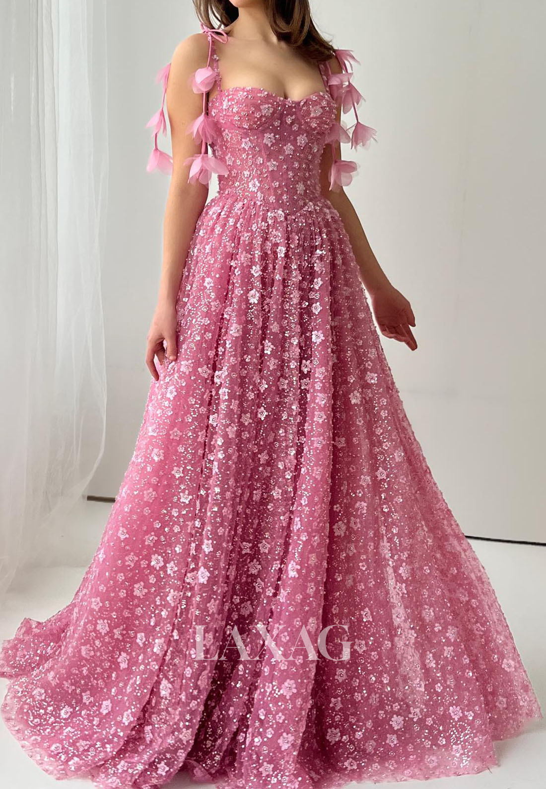 Sweetheart Spaghetti Straps Floral Embellished A-Line Prom Dress Beaded Sequined Pleated Tulle Party Gowns