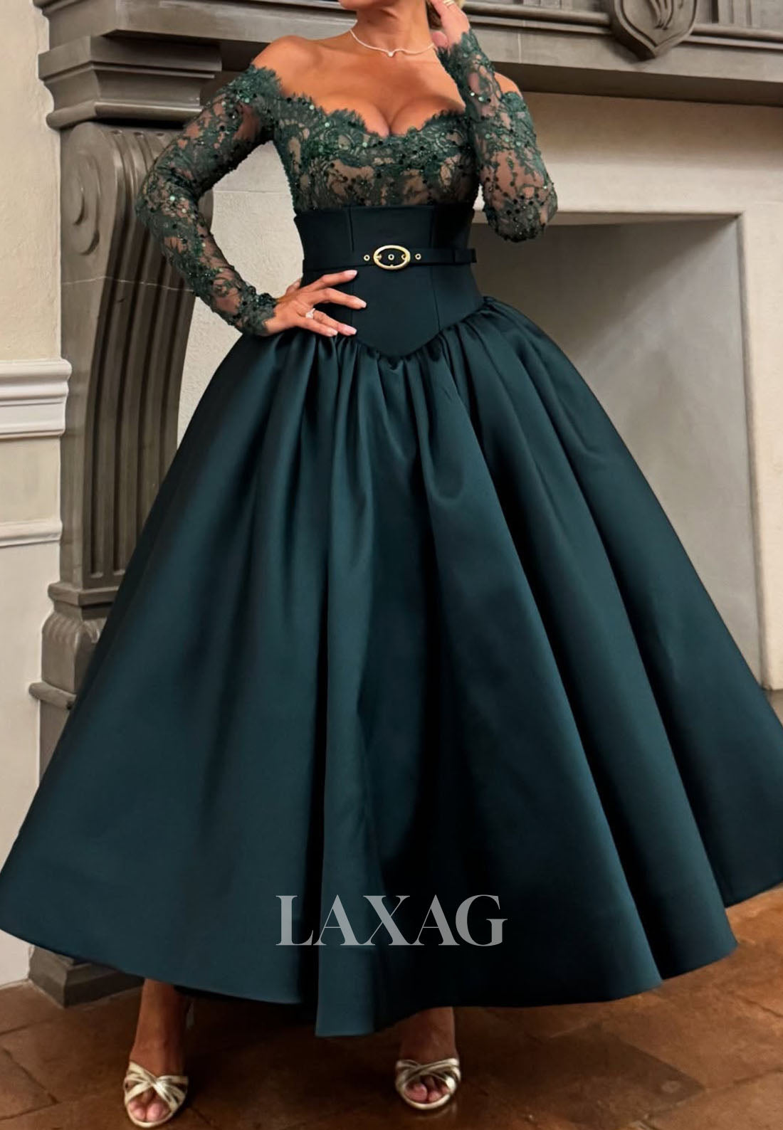 Off-Sholder Sequined Beaded Satin Formal Gowns Bateau-Neck Long-Sleeves A-Line Evening Dress