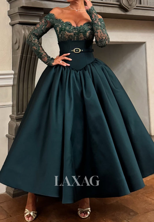 Off-Sholder Sequined Beaded Satin Formal Gowns Bateau-Neck Long-Sleeves A-Line Evening Dress