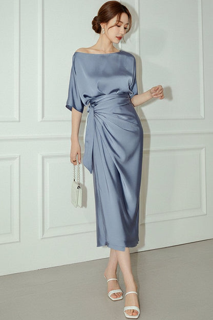 Scoop-Neck Short-Sleeves Satin Pleated Tea-Length Mermaid Wedding Guest Dress