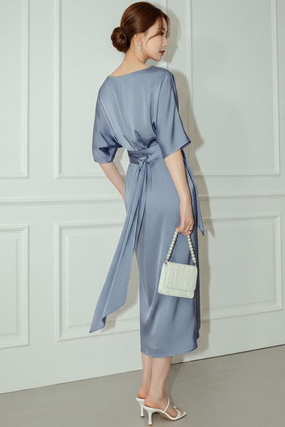 Scoop-Neck Short-Sleeves Satin Pleated Tea-Length Mermaid Wedding Guest Dress