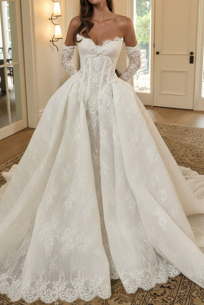 Sweetheart Off-Shoulder Long-Sleeves Pearls Lace Applique Tulle A-Line Wedding Dress with Train