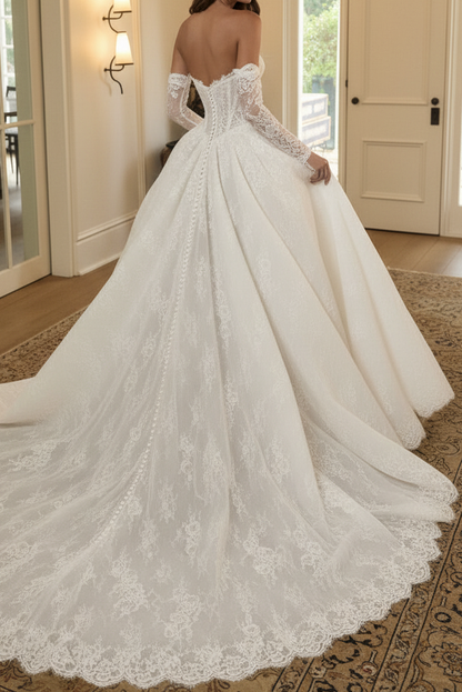 Sweetheart Off-Shoulder Long-Sleeves Pearls Lace Applique Tulle A-Line Wedding Dress with Train