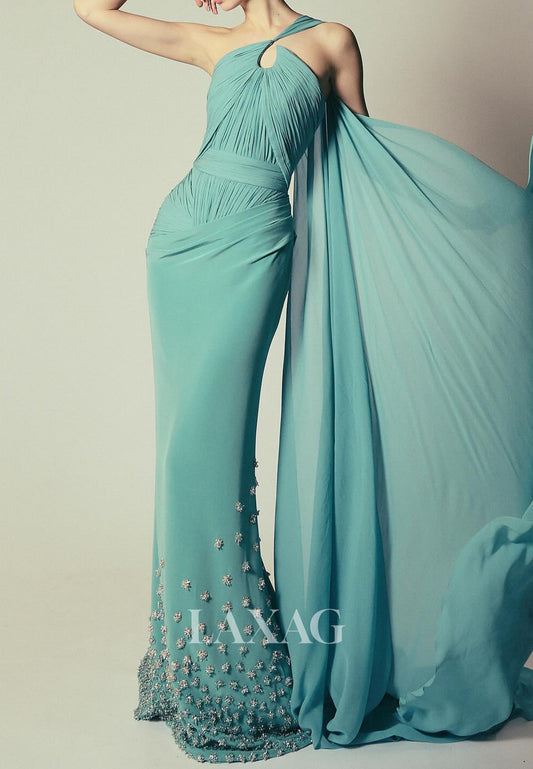 Asymmetrical-Neck Off-Shoulder Beaded Formal Gowns Sleeveless Pleated Chiffon Mermaid Evening Dress