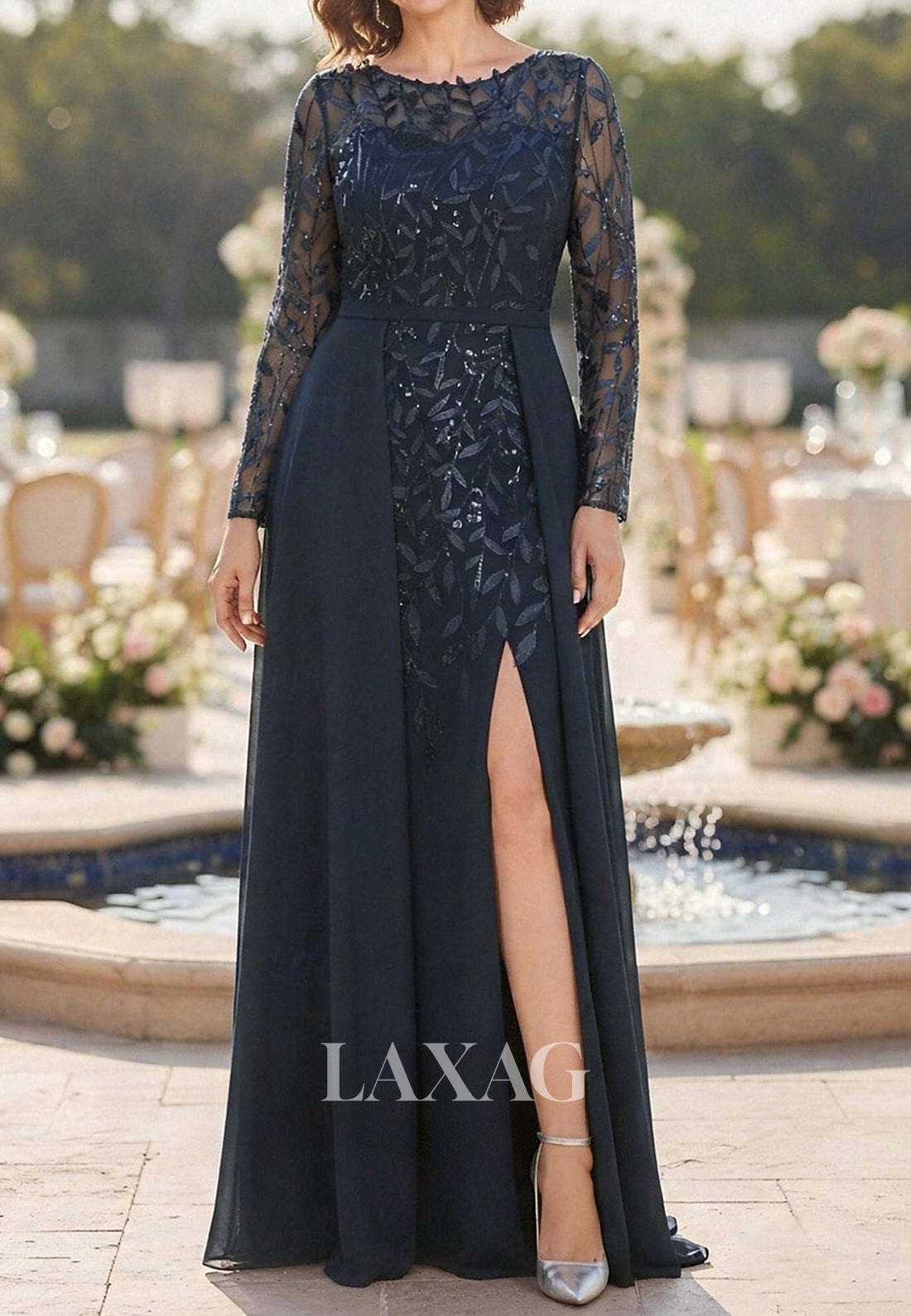 Scoop-Neck Long-Sleeves Sequined Applique Tulle&Satin A-Line Mother of the Bride Dress