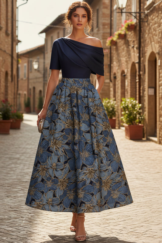 Asymmetrical-Neck Short-Sleeves Jacquard Satin Pleated Ankle-Length A-Line Evening Dress