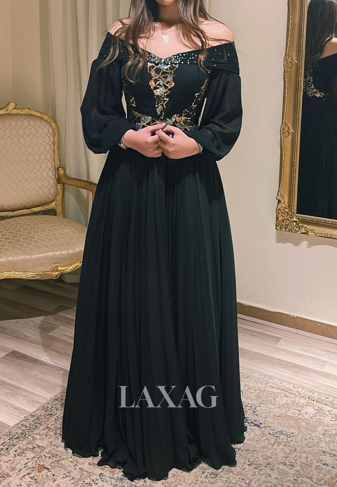 V-Neck Long-Sleeves Multi-Color Sequined Pleated Chiffon Floor-Length A-Line Evening Dress