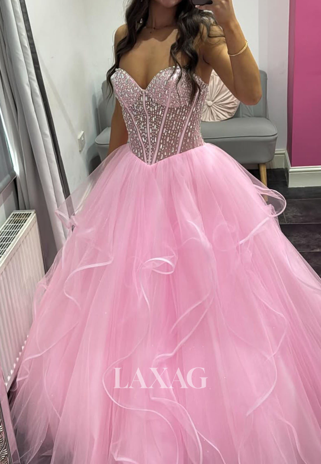 Off-Shoulder Sweetheart Sleeveless Beaded Tulle Pleated Tiered A-Line Party Prom Dress