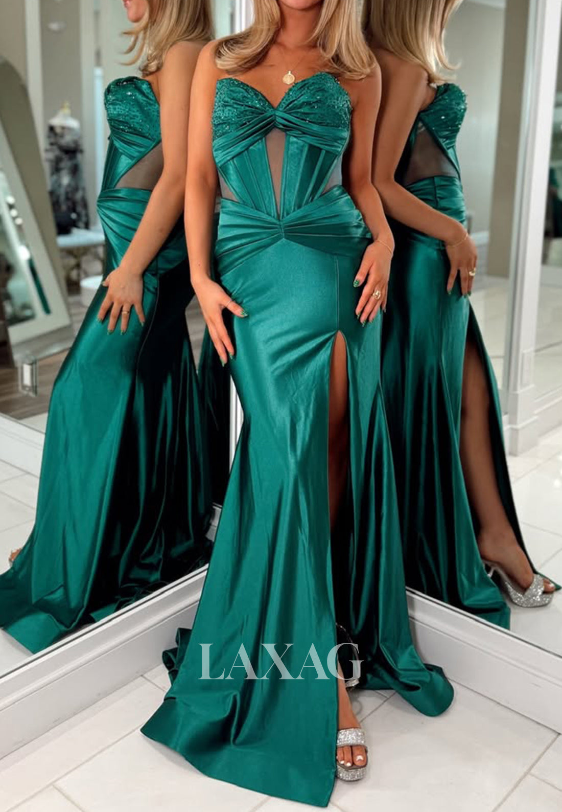 Sweetheart Off-Shoulder Sleeveless Sequined Beaded Satin Pleated High Slit Mermaid Prom Dress