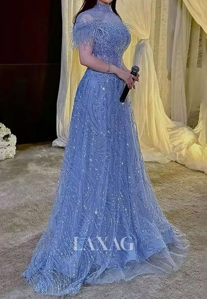 High-Neck Short-Sleeves Pleated A-Line Prom Dress Feathered Fully Sequined Beaded Evening Gowns