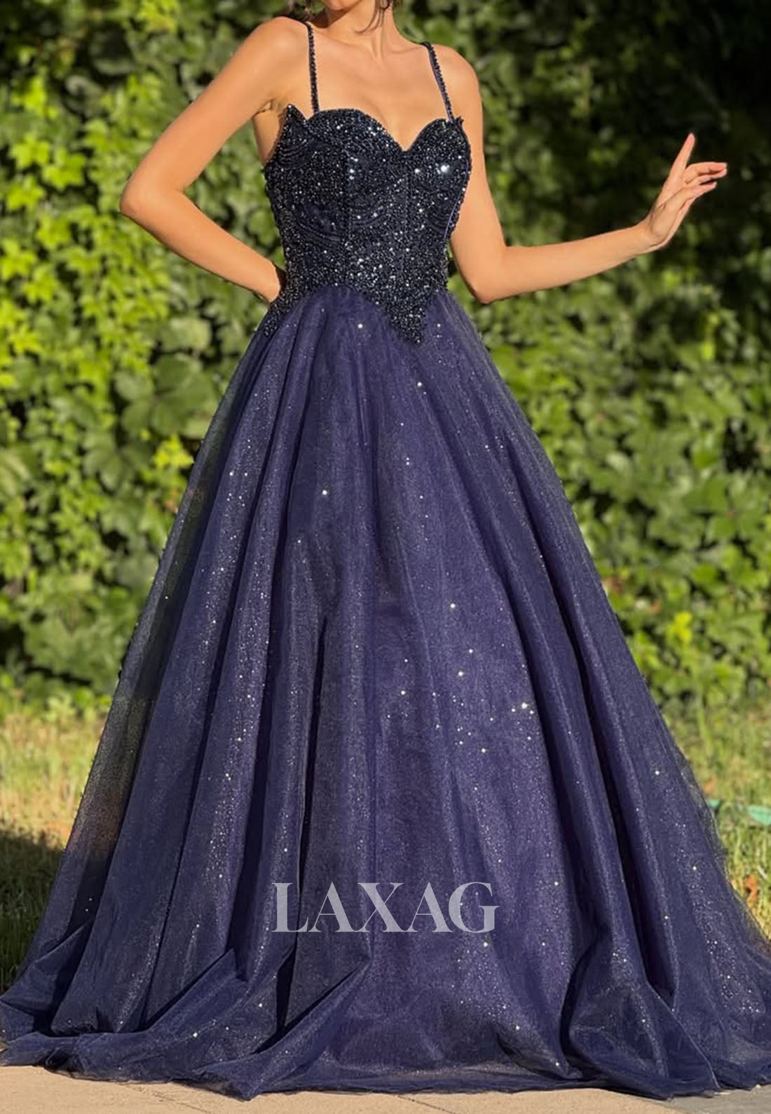 Sweetheart Spaghetti Straps Sleeveless Sequined Applique Pleated Tulle A-Line Prom Dress