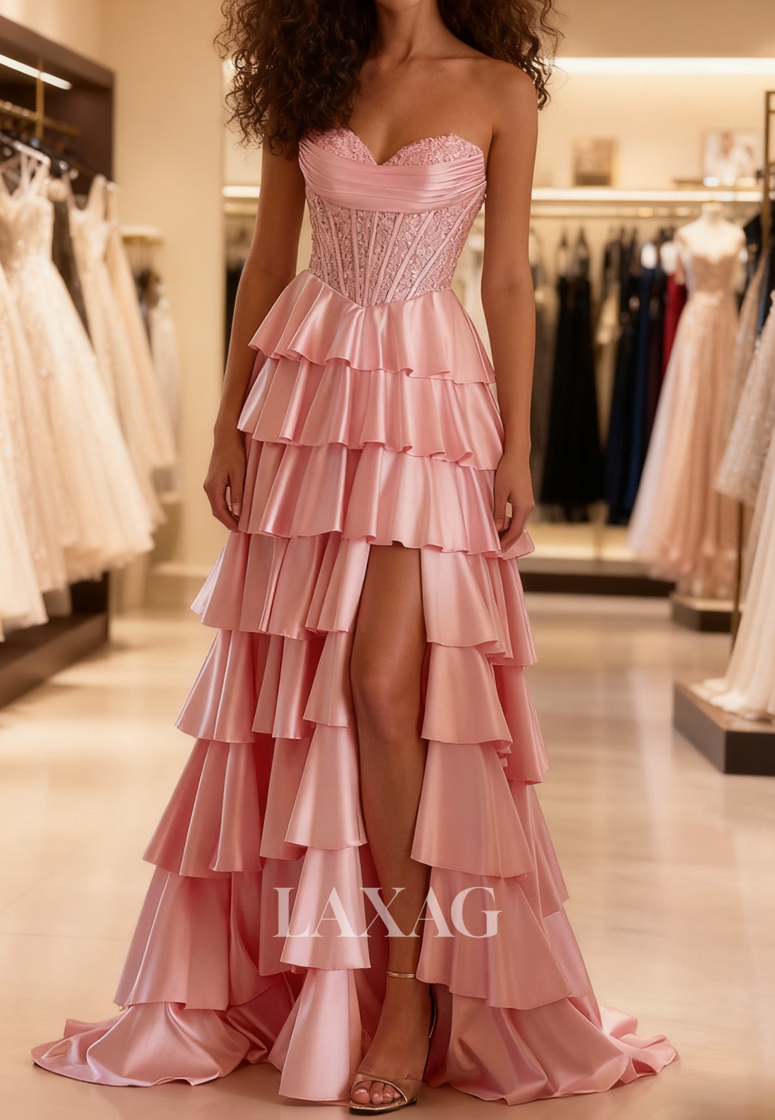 Sweetheart Sequined Applique Tiered A-Line Prom Dress Off-Shoulder Sleeveless Pleated Satin Party Gowns