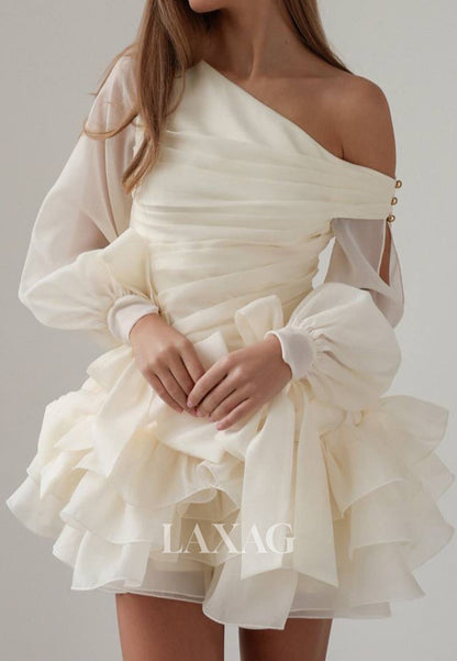 Asymmetrical-Neck Long-Sleeves Chiffon Pleated Ruffled Tiered Short Beach A-Line Wedding Dress