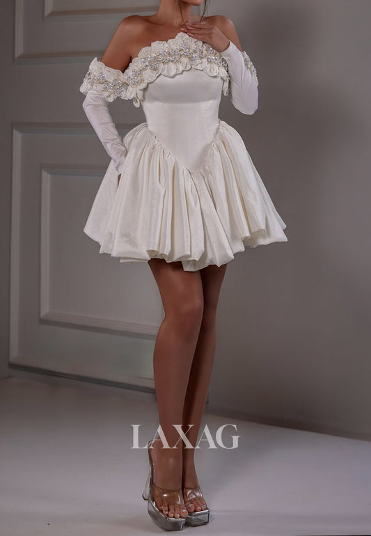 Tube Top Long-Sleeves Short A-Line Wedding Dress Floral Embellished Beaded Pleated Satin Bride Gowns