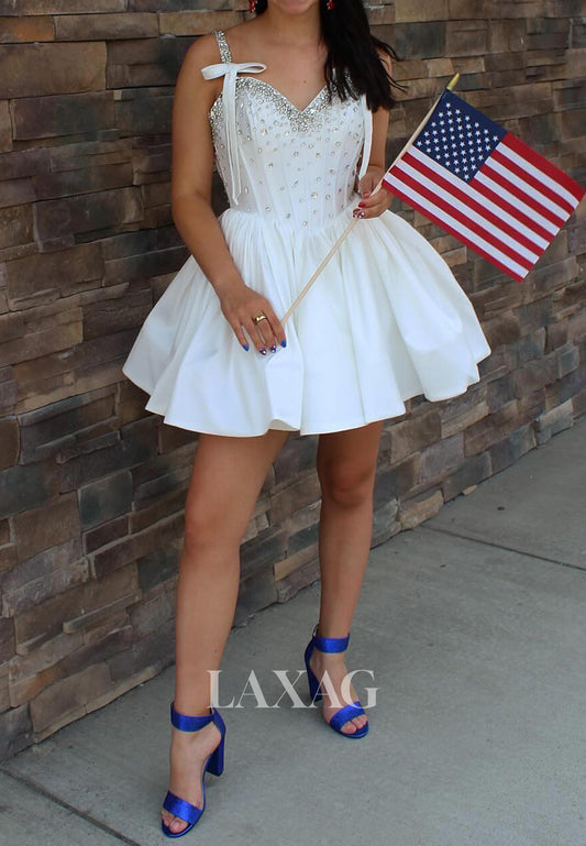 V-Neck Spaghetti Straps Sleeveless Rhinestone Pleated Satin A-Line Party Homecoming Dress