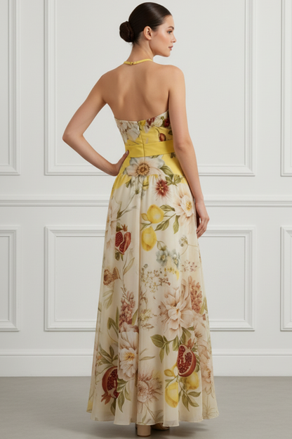 Halter-Neck Sleeveless Print-Chiffon Pleated Floor-Length A-Line Wedding Guest Dress