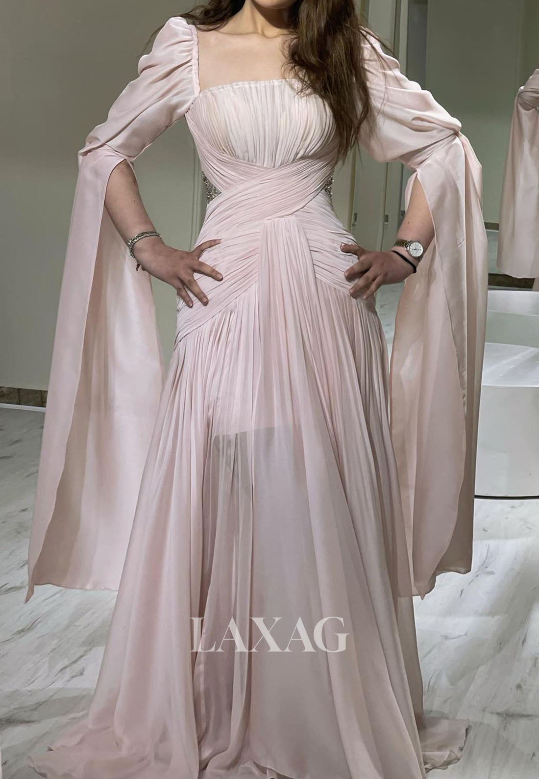 Square-Neck Cape-Sleeves A-Line Prom Dress Pleated Chiffon Party Gowns with Train