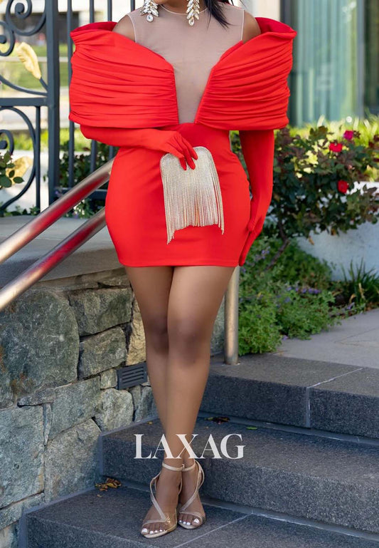 V-Neck Off-Shoulder Pleated Satin Short Mermaid Party Homecoming Dress with Long-Gloves