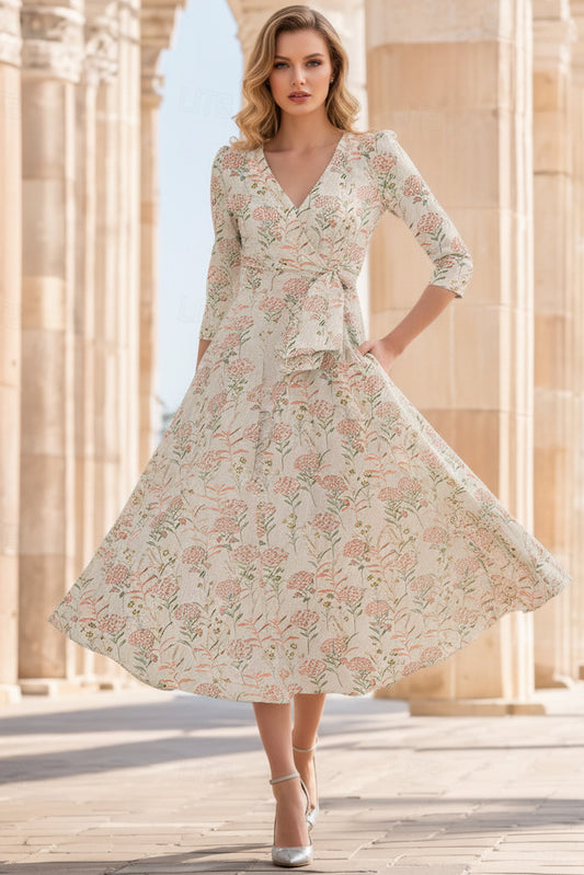 V-Neck 3/4-Sleeves Jacquard Satin Pleated Tea-Length A-Line Mother of the Bride Dress
