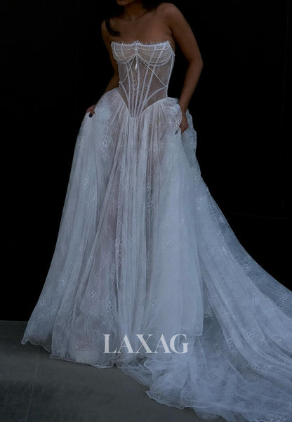 A-Line Sweetheart Sleeveless Sequined Beaded Pleated Tulle&Lace Wedding Dress with Train