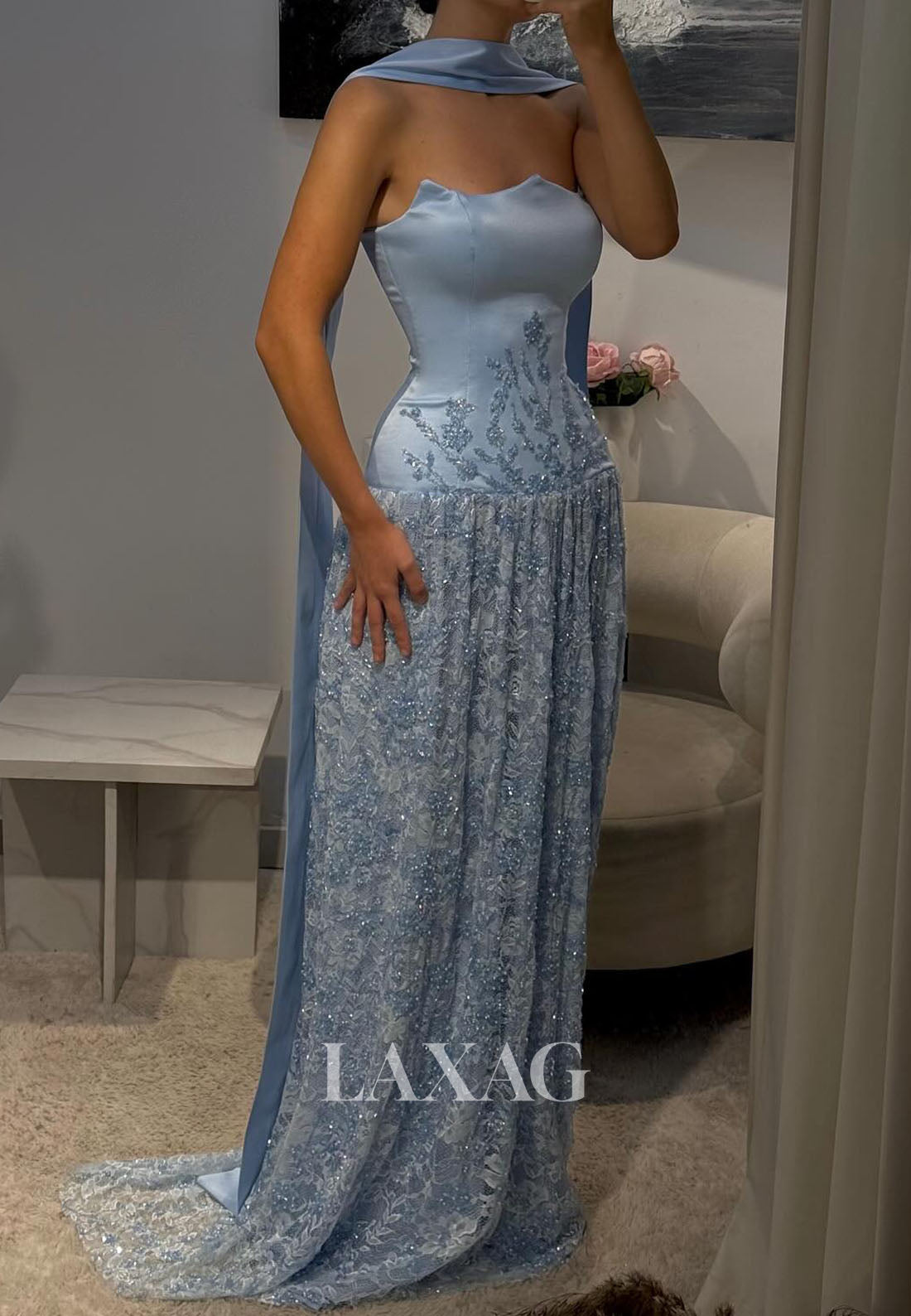 Off-Shoulder Sweetheart Sleeveless Beaded Sequined Applique Pleated Satin&Lace Fitted Prom Dress