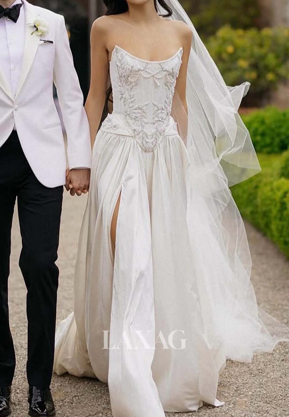 Scoop-Neck Off-Shoulder High Slit A-Line Wedding Dress Beaded Applique Pleated Satin Bride Gowns