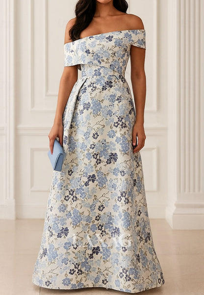 Off-Shoulder Asymmetrical-Neck A-Line Evening Dress Sleeveless Floor-Length Jacquard Formal Gowns