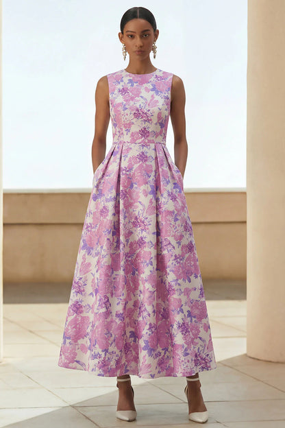 Scoop-Neck Sleeveless Ankle-Length Jacquard Satin Pleated Mother of the Bride Dress