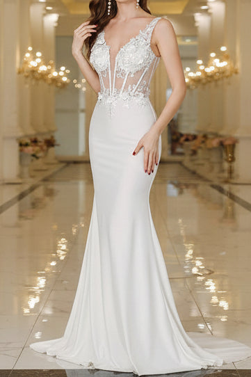 Deep V-Neck Straps Sequined Applique Satin Mermaid Wedding Dress with Sweep Train