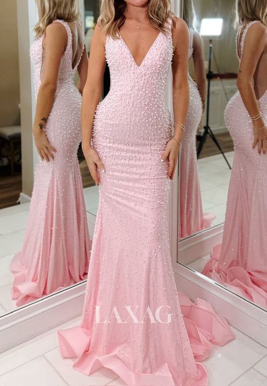 Deep V-Neck Straps Satin Mermaid Prom Dress Sleeveless Fully Beaded Pearls Party Gowns