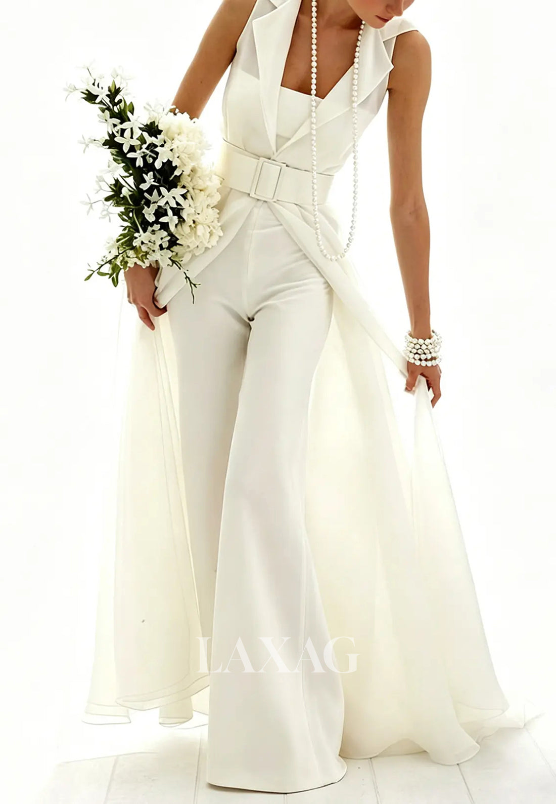 Deep V-Neck Collared Sleeveless Chiffon Pleated Jumpsuit Wedding Dress with Overskirt