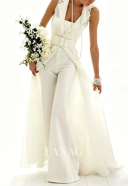 Deep V-Neck Collared Sleeveless Chiffon Pleated Jumpsuit Wedding Dress with Overskirt