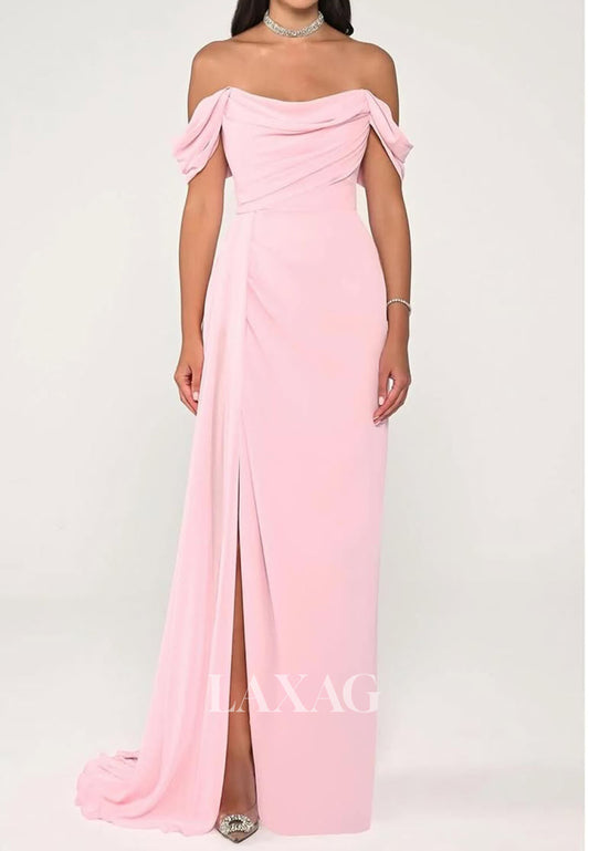 Scoop-Neck Sleeveless Simple Formal Gowns Pleated Satin Mermaid Evening Dress with Slit