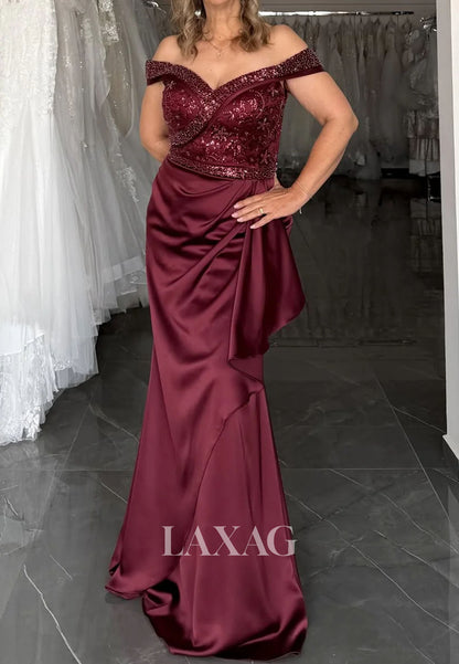 V-Neck Off-Shoulder Beaded Sequined Mermaid Prom Dress Pleated Satin Floor-Length Party Gowns